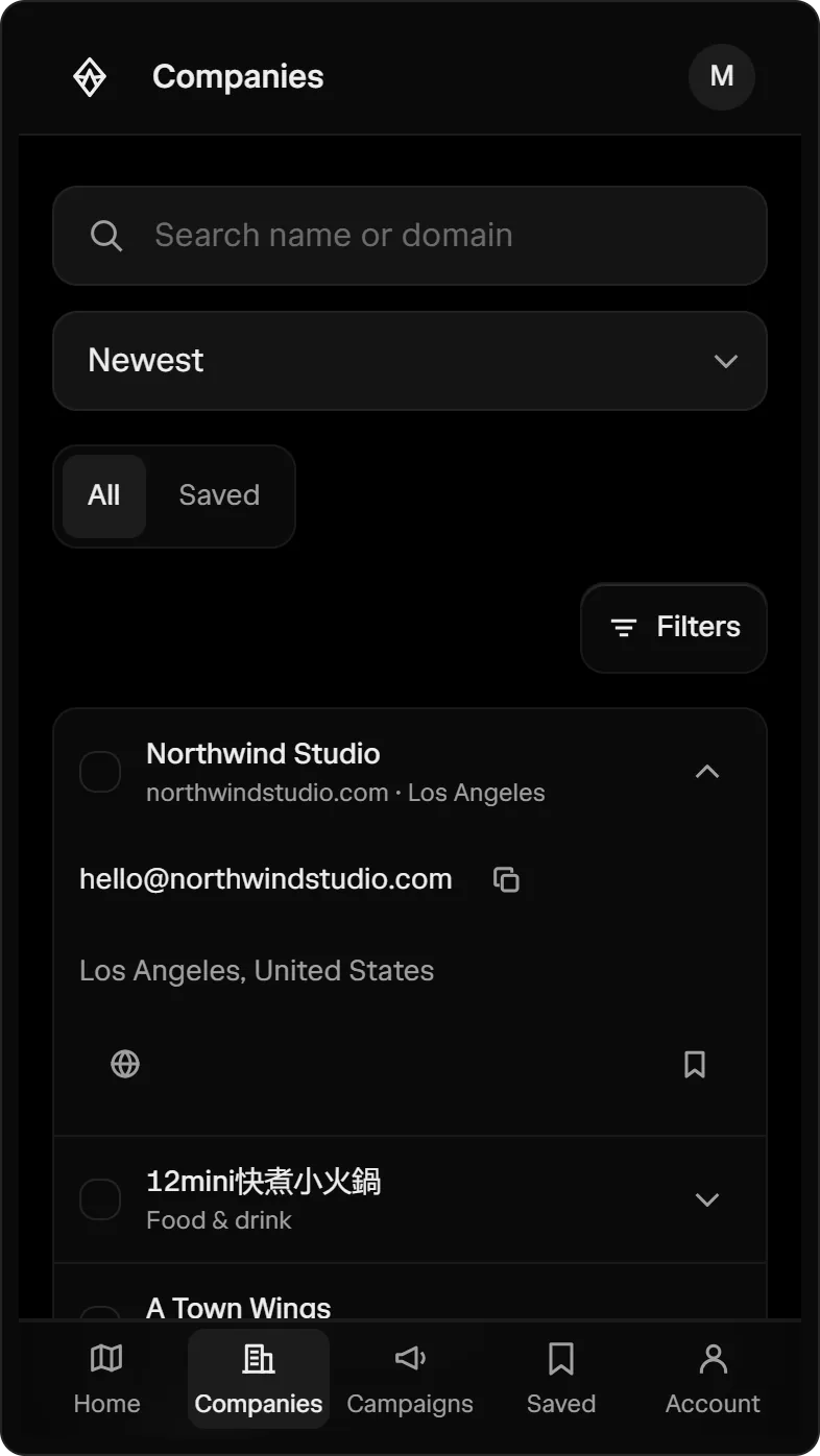 The Companies list in the app, with one email revealed