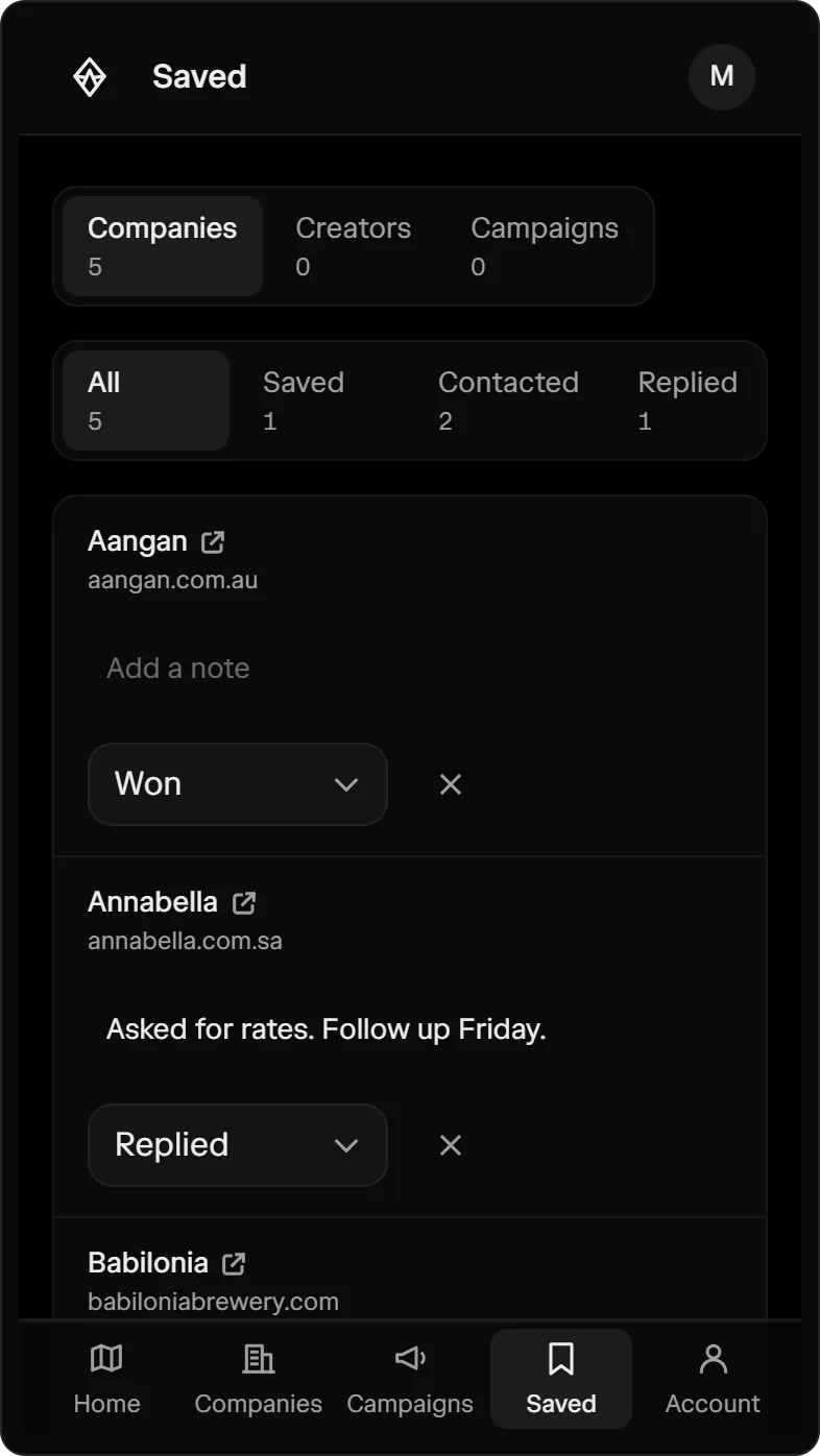 The Saved list in the app, each brand marked contacted, replied or won